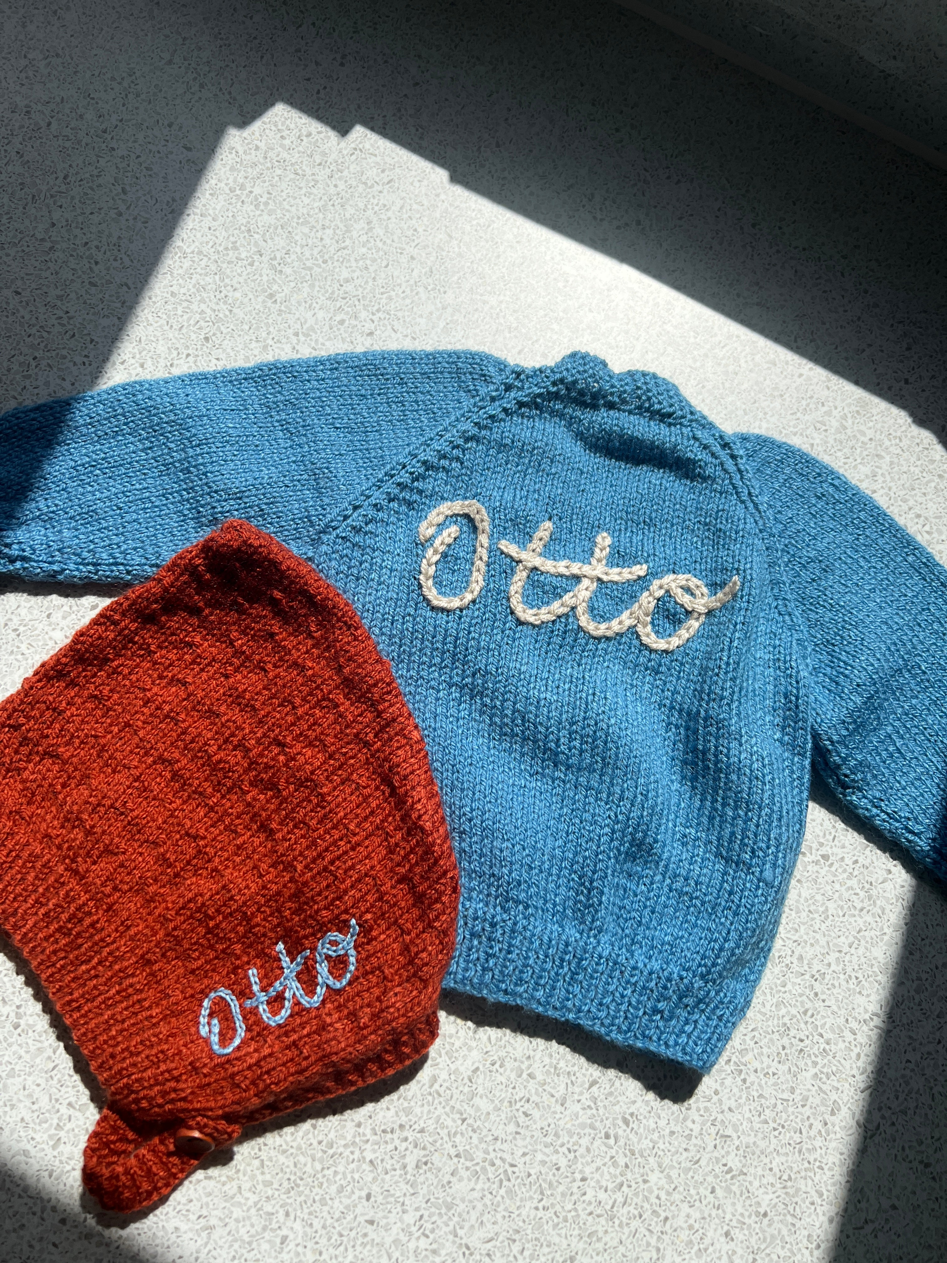 3-6 years hand knitted bonnet | name embroidery