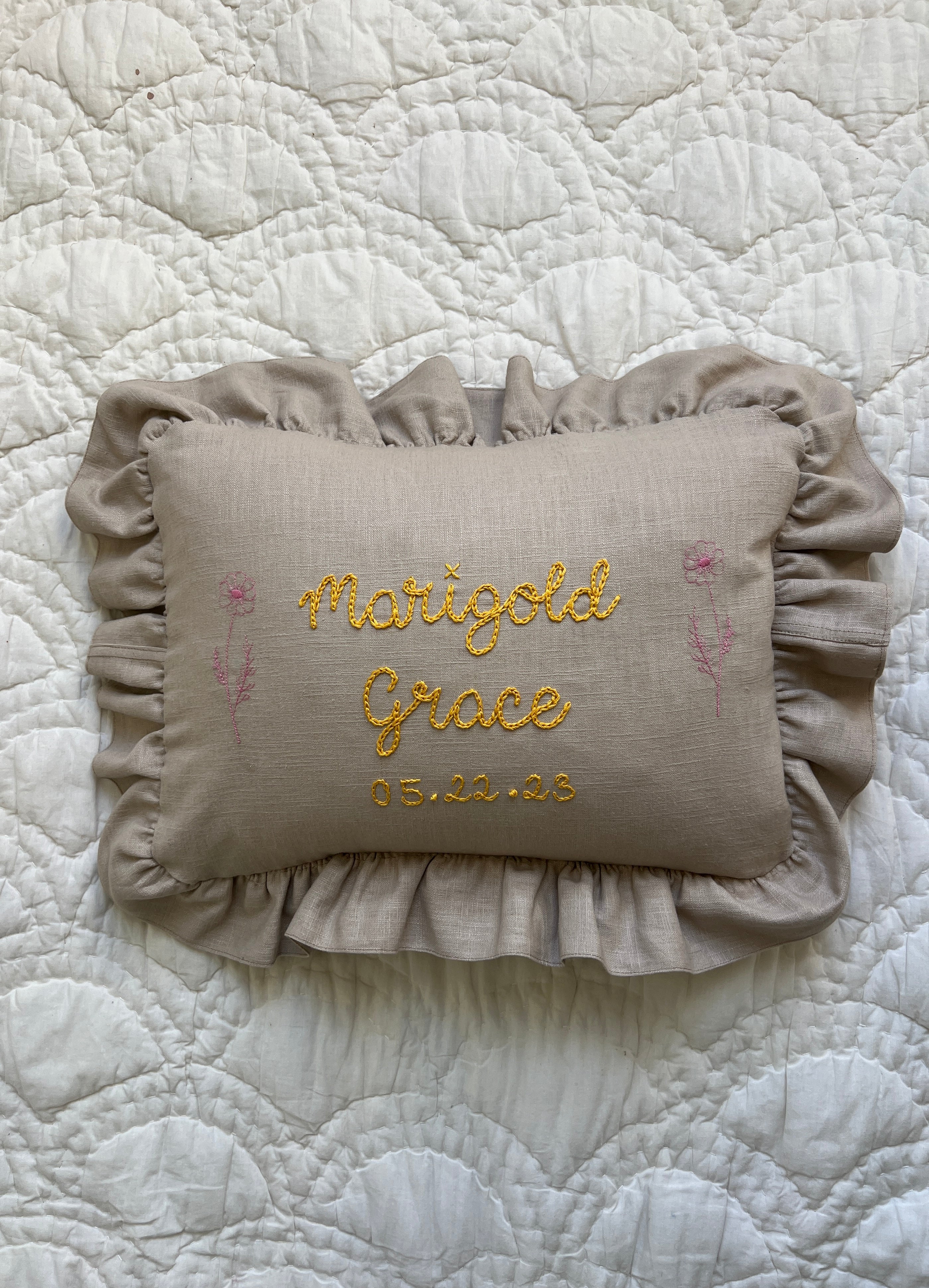 Heirloom Embroidered Baby Naming Cushion