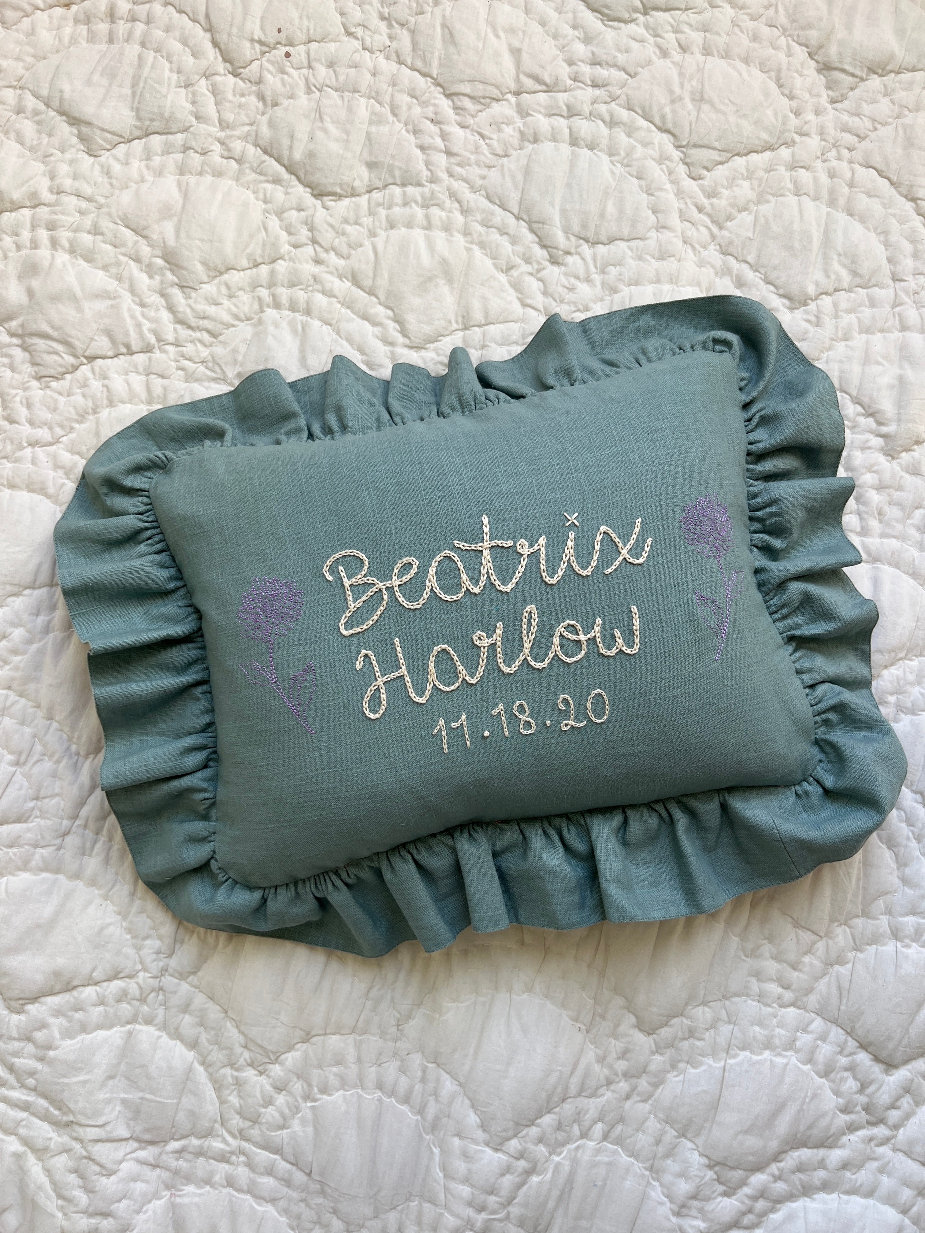 Heirloom Embroidered Baby Naming Cushion