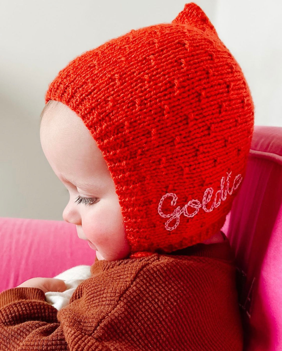 0-9 months hand knitted bonnet | name embroidery
