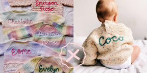 Hand embroidered baby name cardigans name reveal ideas baby name inspiration baby name cardigan hand knitted made in the uk slow fashion for children kids name knits kids cardigan with name embroidered baby boy name ideas baby girl name ideas 